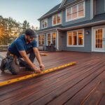 Professional deck builder installing premium composite decking on a custom residential deck in Delaware.