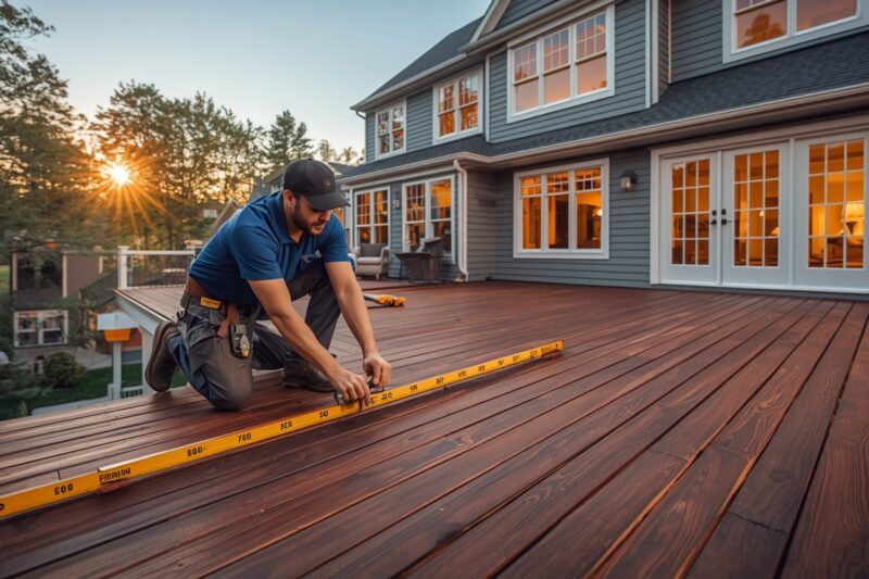 Professional deck builder installing premium composite decking on a custom residential deck in Delaware.