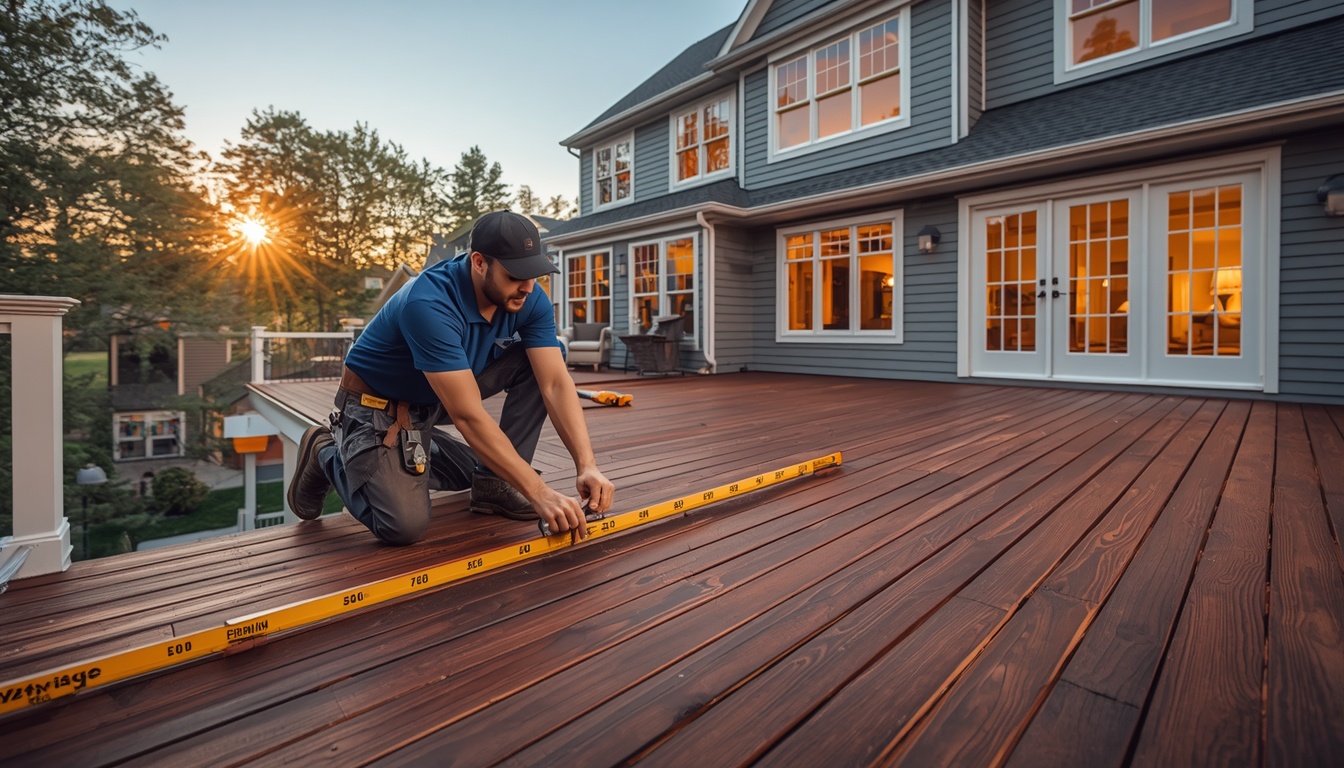 Professional deck builder installing premium composite decking on a custom residential deck in Delaware.