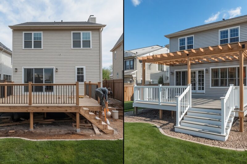 Professional comparison of a deck renovation and full deck replacement, showing the differences between upgrading an existing deck and building a new composite deck.